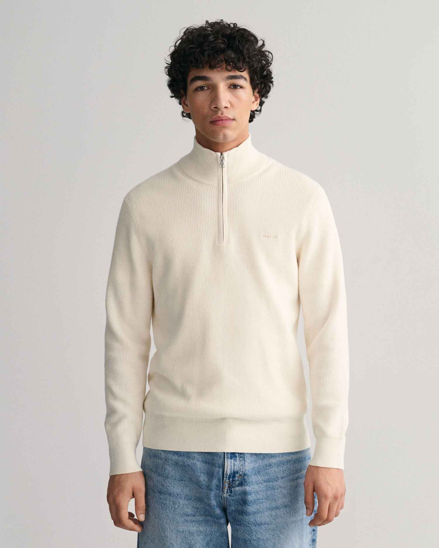 Ribbed Cotton Wool Half-Zip Sweater