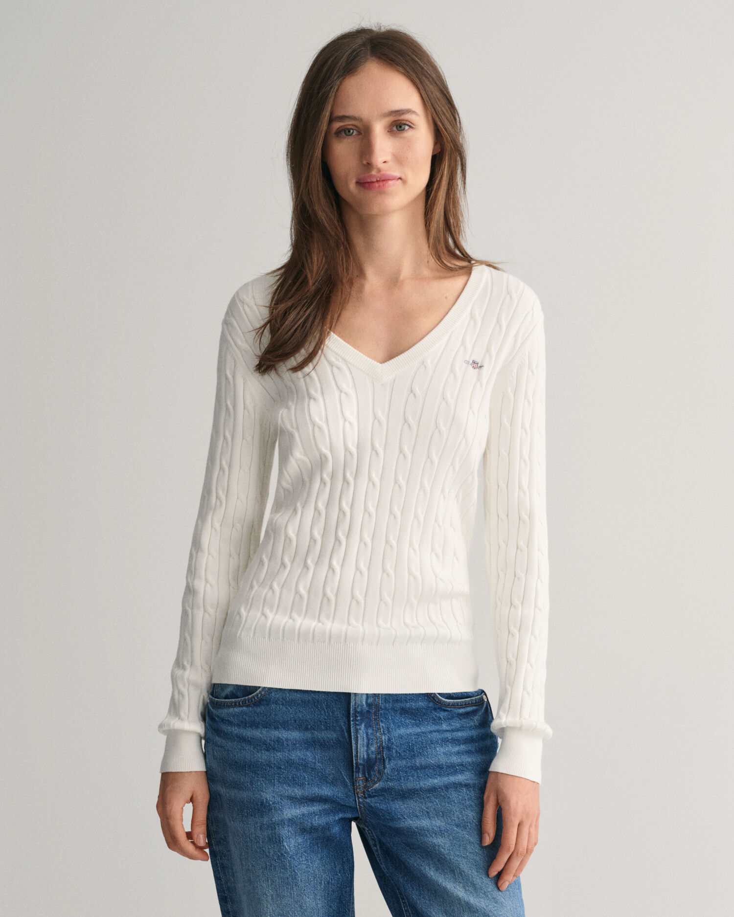 Stretch Cotton Cable Knit V-Neck Sweater