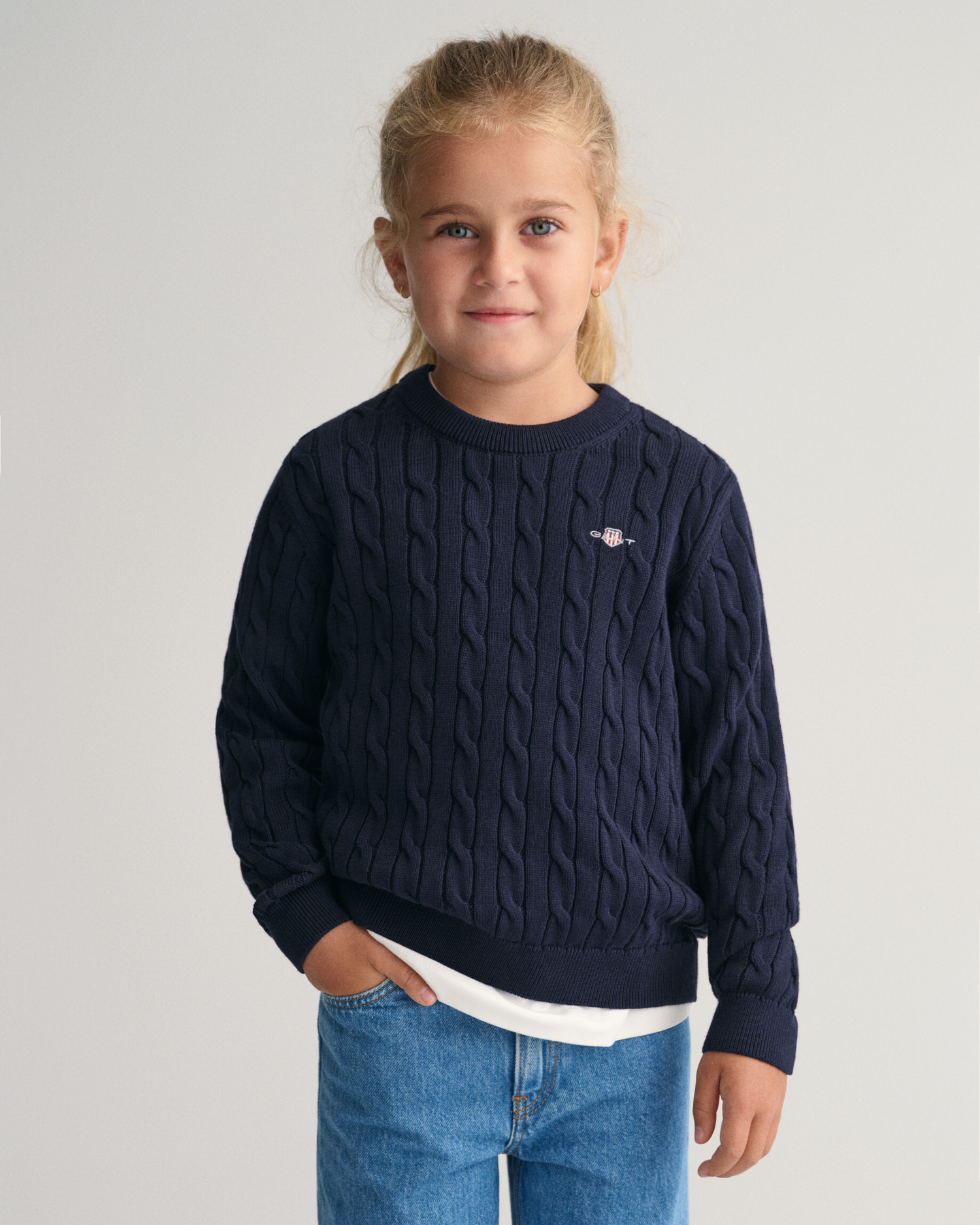 Kids Shield Cotton Cable Knit Crew Neck Sweater - GANT