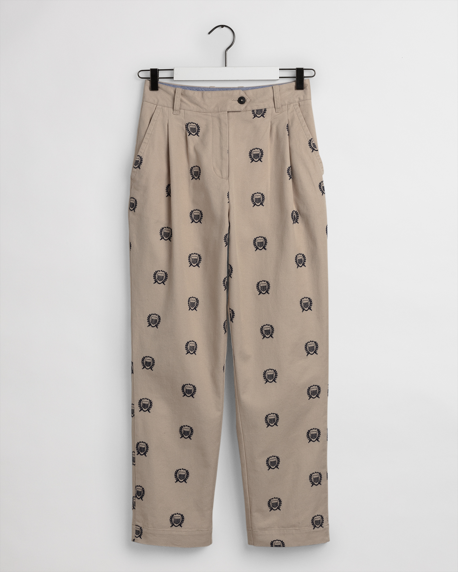 High-Waisted Crest Embroidery Pleated Chinos