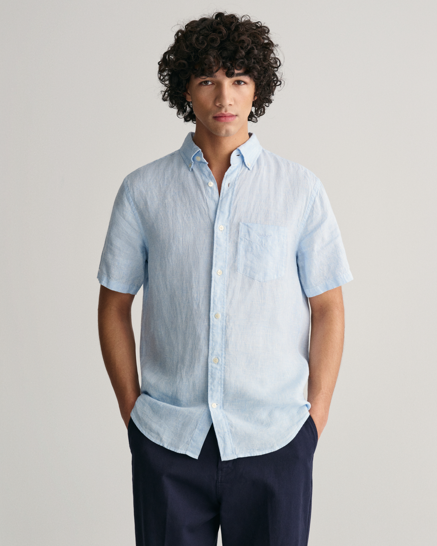 Regular Fit Houndstooth Linen Short Sleeve Shirt - GANT