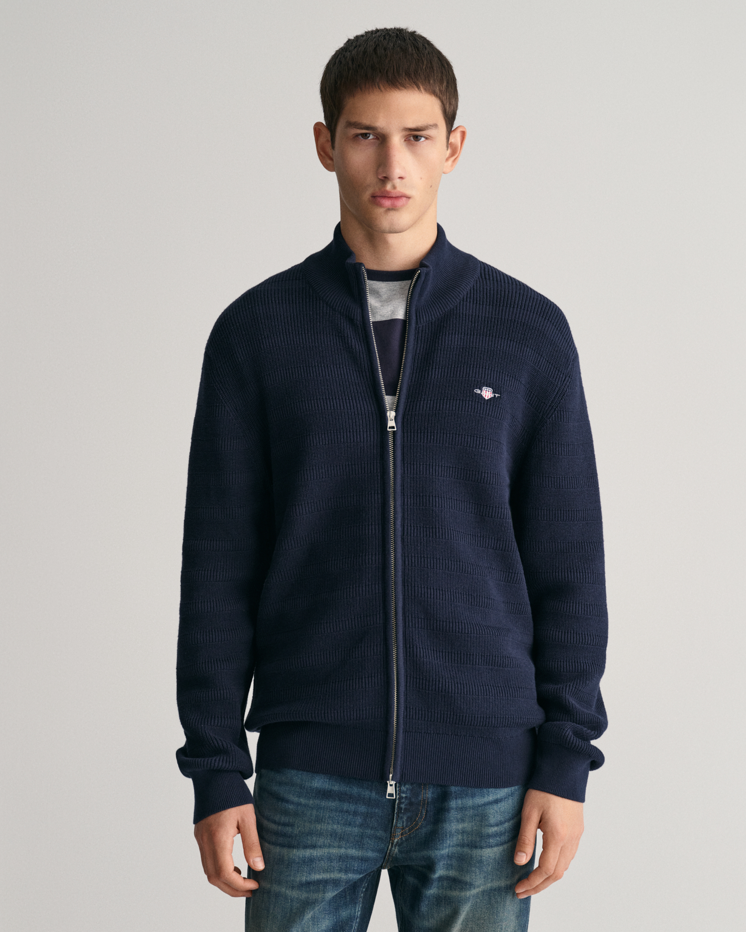 Striped Textured Cotton Zip Cardigan - GANT