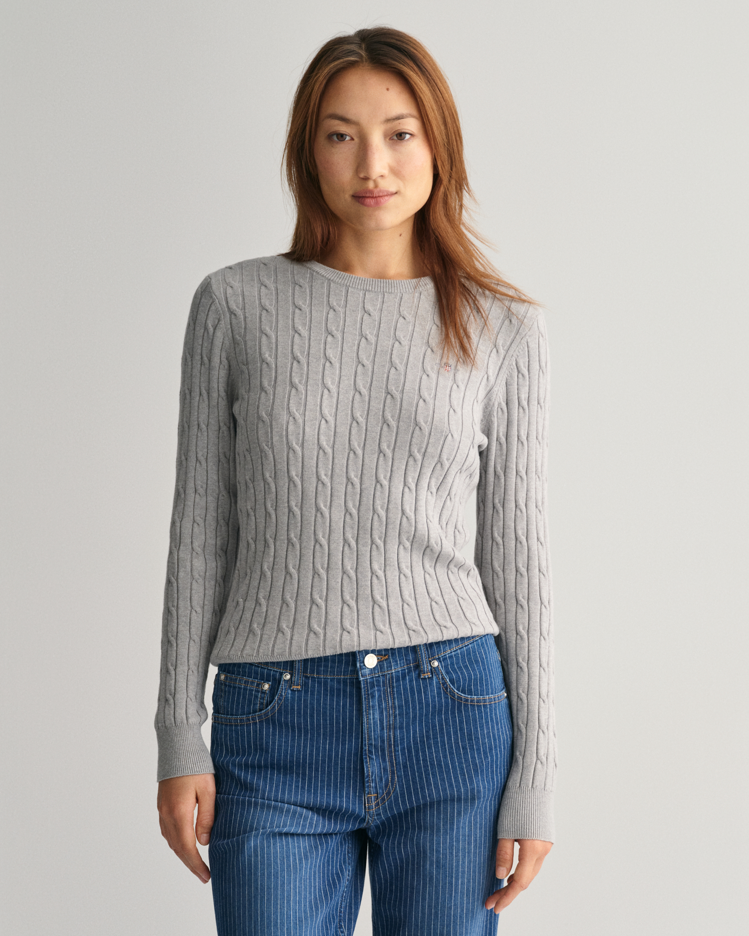 Stretch Cotton Cable Knit Crew Neck Sweater Gant