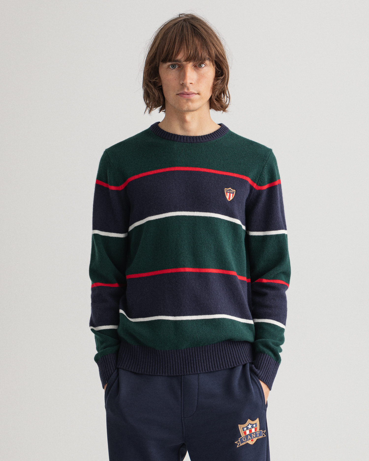 

GANT Men Banner Shield Striped Crew Neck Sweater (L) Green